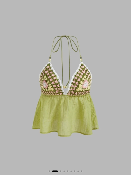Cider Tops - CIDER Crochet Halter Ruffle Tank Top in Olive Green SIZE 2